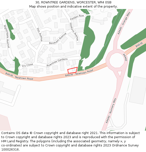 30, ROWNTREE GARDENS, WORCESTER, WR4 0SB: Location map and indicative extent of plot