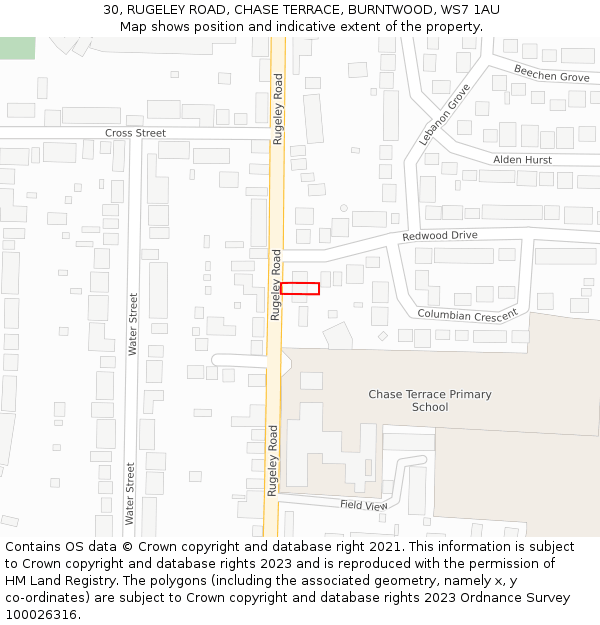 30, RUGELEY ROAD, CHASE TERRACE, BURNTWOOD, WS7 1AU: Location map and indicative extent of plot