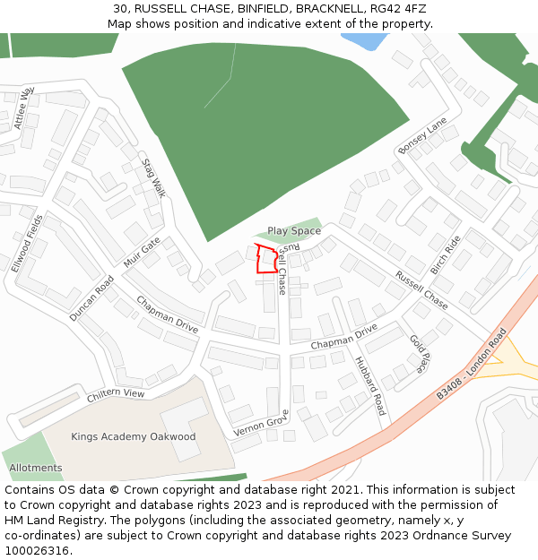 30, RUSSELL CHASE, BINFIELD, BRACKNELL, RG42 4FZ: Location map and indicative extent of plot