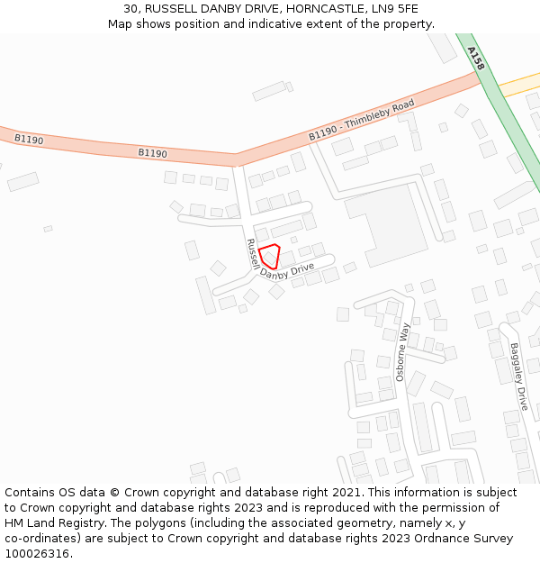 30, RUSSELL DANBY DRIVE, HORNCASTLE, LN9 5FE: Location map and indicative extent of plot