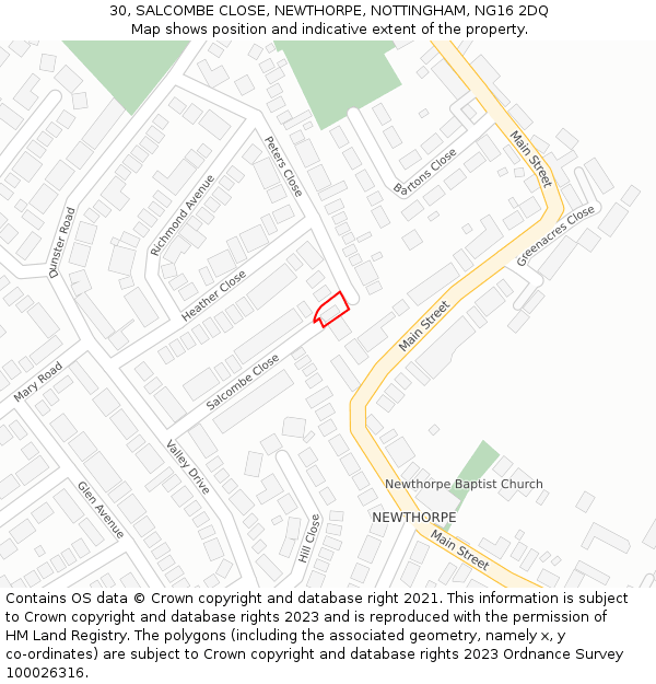 30, SALCOMBE CLOSE, NEWTHORPE, NOTTINGHAM, NG16 2DQ: Location map and indicative extent of plot