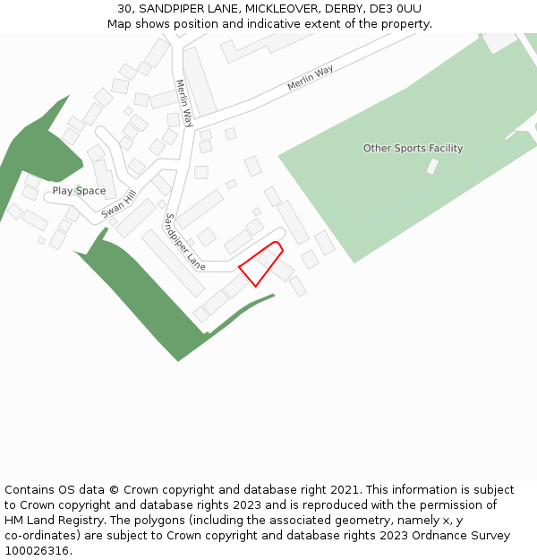 30, SANDPIPER LANE, MICKLEOVER, DERBY, DE3 0UU: Location map and indicative extent of plot