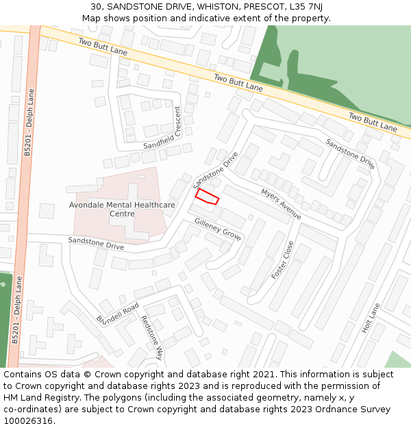 30, SANDSTONE DRIVE, WHISTON, PRESCOT, L35 7NJ: Location map and indicative extent of plot