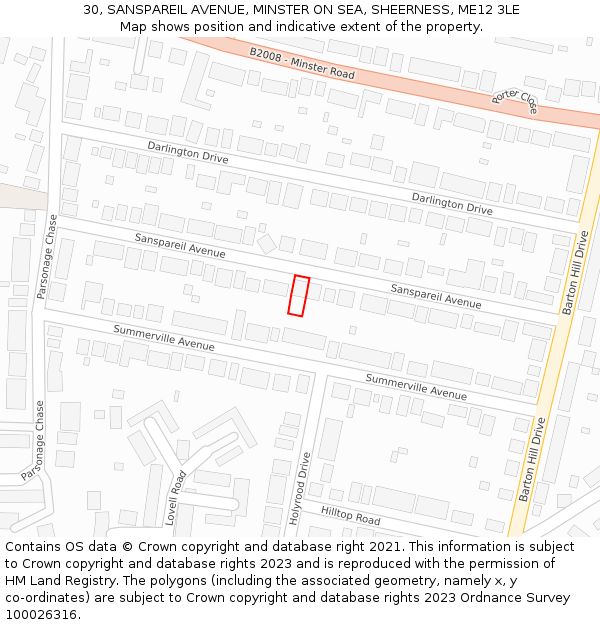 30, SANSPAREIL AVENUE, MINSTER ON SEA, SHEERNESS, ME12 3LE: Location map and indicative extent of plot