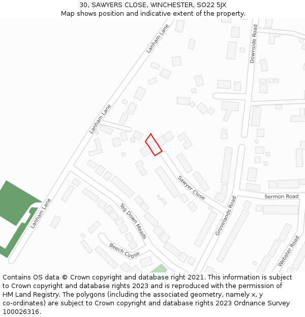30, SAWYERS CLOSE, WINCHESTER, SO22 5JX: Location map and indicative extent of plot