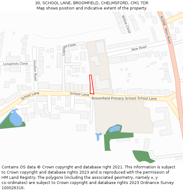 30, SCHOOL LANE, BROOMFIELD, CHELMSFORD, CM1 7DR: Location map and indicative extent of plot