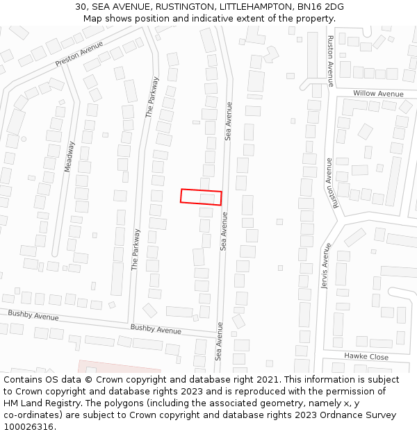 30, SEA AVENUE, RUSTINGTON, LITTLEHAMPTON, BN16 2DG: Location map and indicative extent of plot