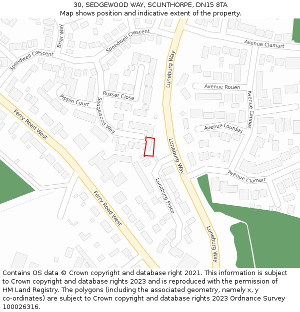 30, SEDGEWOOD WAY, SCUNTHORPE, DN15 8TA: Location map and indicative extent of plot