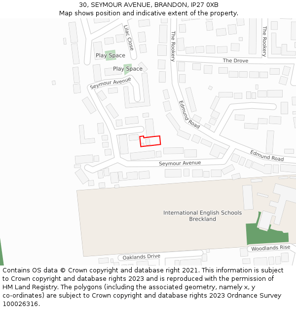 30, SEYMOUR AVENUE, BRANDON, IP27 0XB: Location map and indicative extent of plot