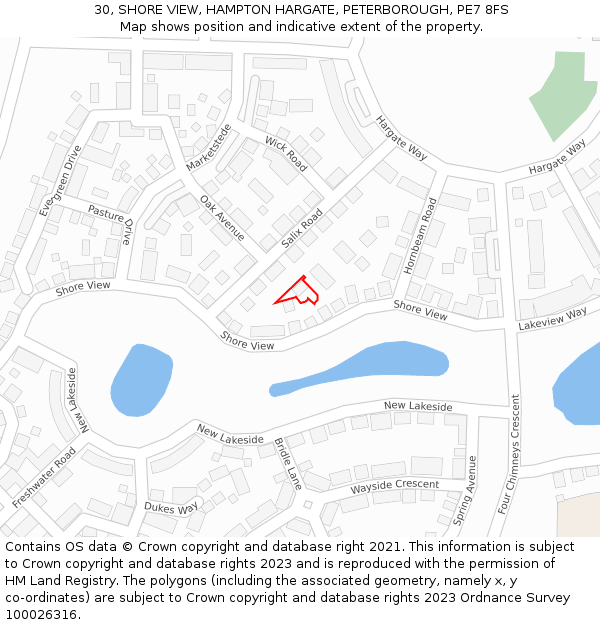30, SHORE VIEW, HAMPTON HARGATE, PETERBOROUGH, PE7 8FS: Location map and indicative extent of plot