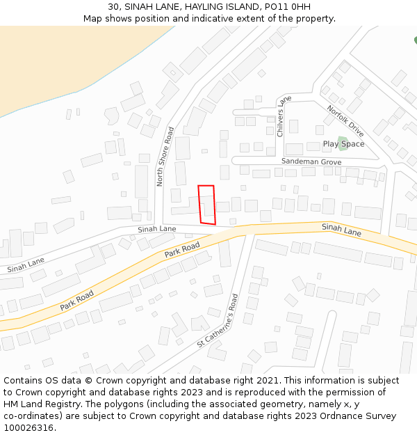 30, SINAH LANE, HAYLING ISLAND, PO11 0HH: Location map and indicative extent of plot
