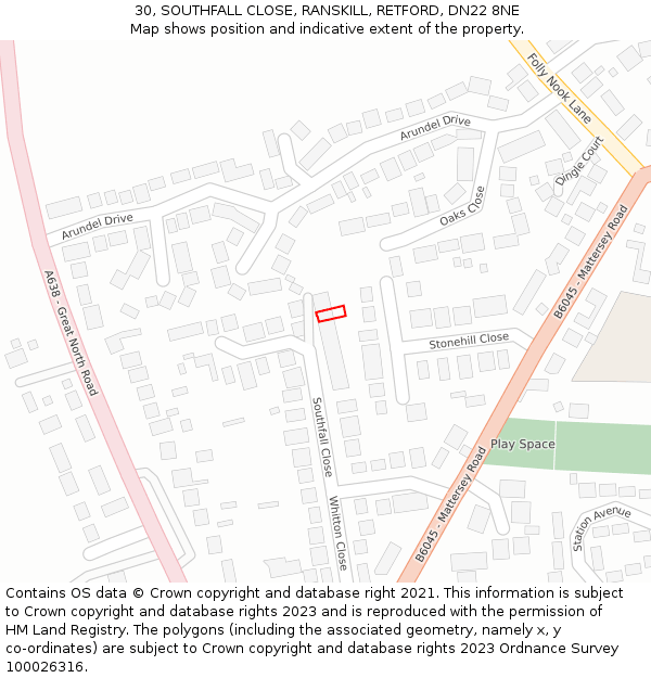 30, SOUTHFALL CLOSE, RANSKILL, RETFORD, DN22 8NE: Location map and indicative extent of plot