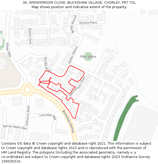 30, SPENNYMOOR CLOSE, BUCKSHAW VILLAGE, CHORLEY, PR7 7GL: Location map and indicative extent of plot