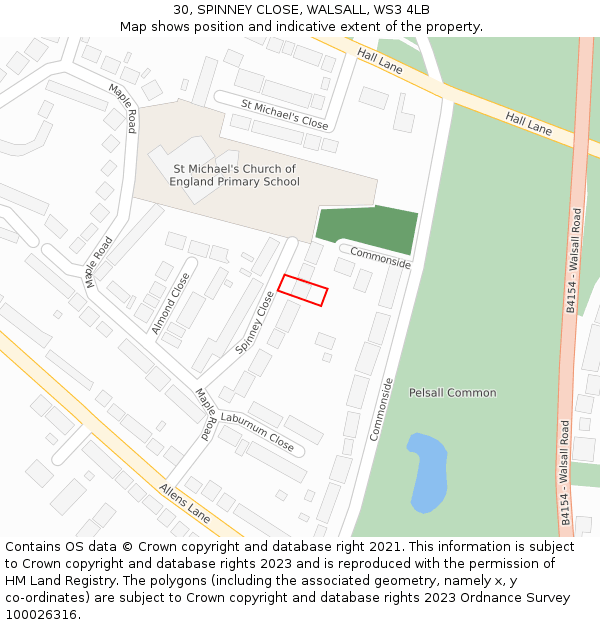 30, SPINNEY CLOSE, WALSALL, WS3 4LB: Location map and indicative extent of plot