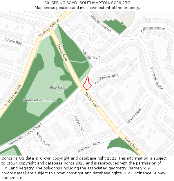 30, SPRING ROAD, SOUTHAMPTON, SO19 2BG: Location map and indicative extent of plot