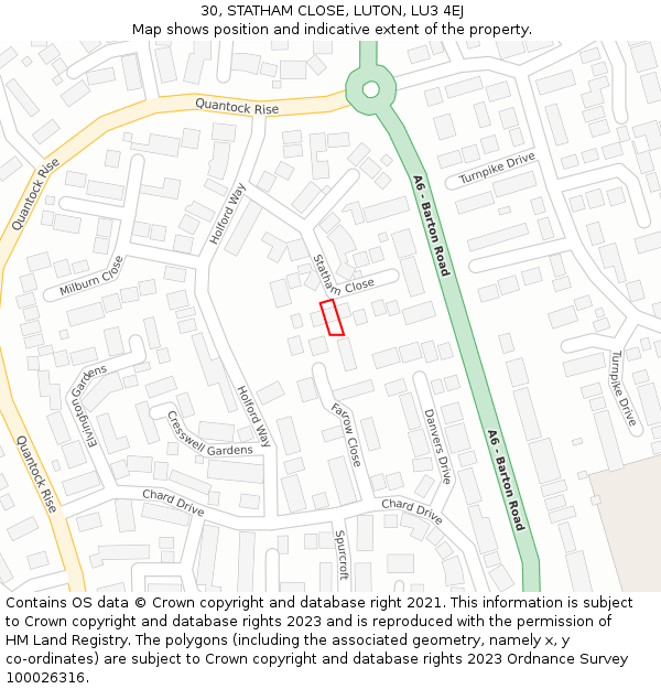 30, STATHAM CLOSE, LUTON, LU3 4EJ: Location map and indicative extent of plot