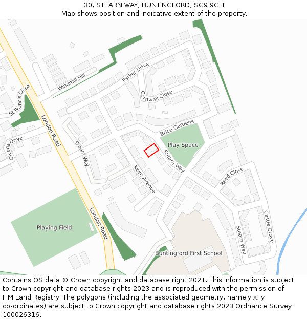 30, STEARN WAY, BUNTINGFORD, SG9 9GH: Location map and indicative extent of plot