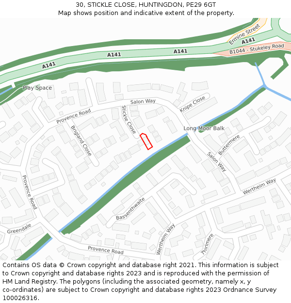 30, STICKLE CLOSE, HUNTINGDON, PE29 6GT: Location map and indicative extent of plot