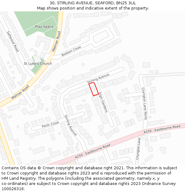 30, STIRLING AVENUE, SEAFORD, BN25 3UL: Location map and indicative extent of plot