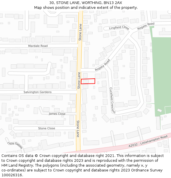 30, STONE LANE, WORTHING, BN13 2AX: Location map and indicative extent of plot