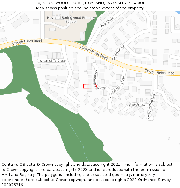 30, STONEWOOD GROVE, HOYLAND, BARNSLEY, S74 0QF: Location map and indicative extent of plot