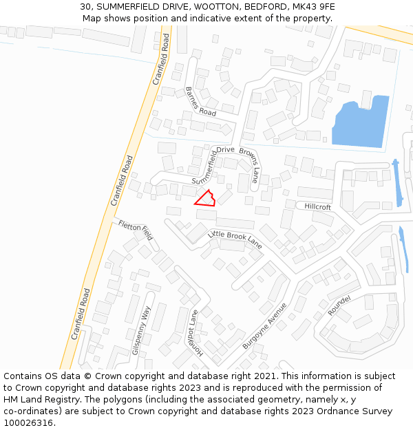 30, SUMMERFIELD DRIVE, WOOTTON, BEDFORD, MK43 9FE: Location map and indicative extent of plot
