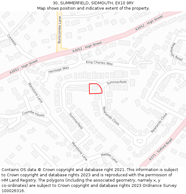 30, SUMMERFIELD, SIDMOUTH, EX10 9RY: Location map and indicative extent of plot