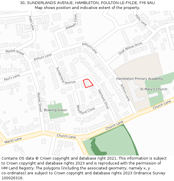 30, SUNDERLANDS AVENUE, HAMBLETON, POULTON-LE-FYLDE, FY6 9AU: Location map and indicative extent of plot