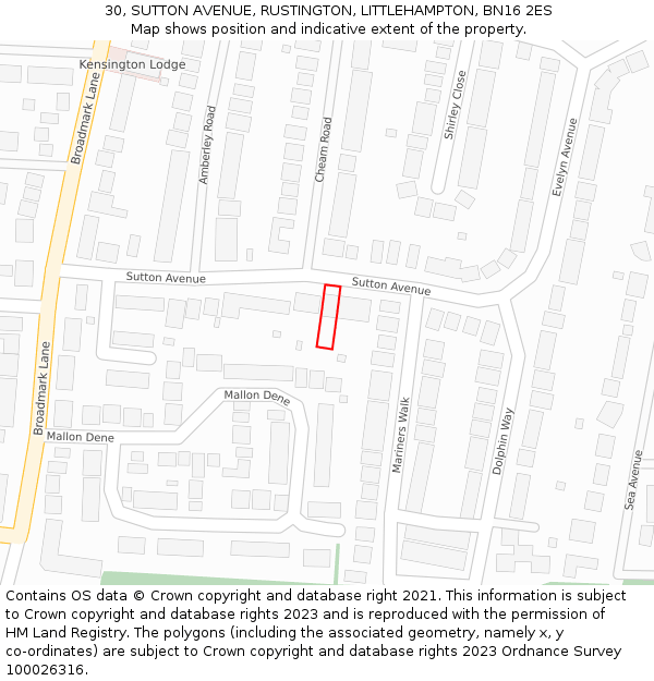 30, SUTTON AVENUE, RUSTINGTON, LITTLEHAMPTON, BN16 2ES: Location map and indicative extent of plot