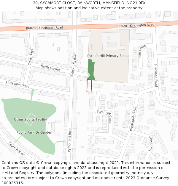 30, SYCAMORE CLOSE, RAINWORTH, MANSFIELD, NG21 0FX: Location map and indicative extent of plot