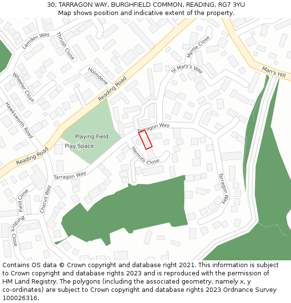 30, TARRAGON WAY, BURGHFIELD COMMON, READING, RG7 3YU: Location map and indicative extent of plot
