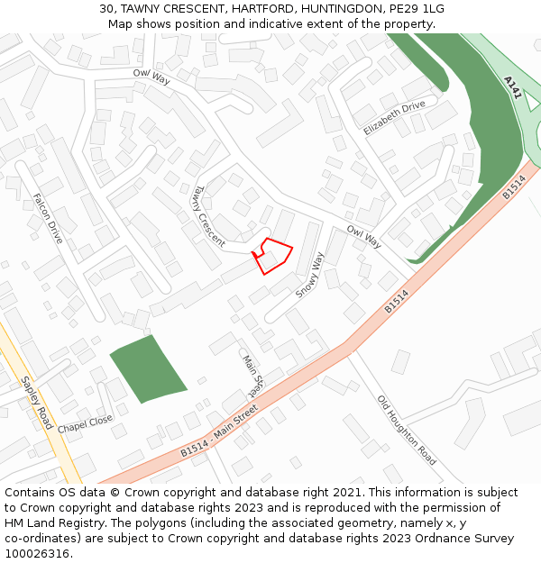 30, TAWNY CRESCENT, HARTFORD, HUNTINGDON, PE29 1LG: Location map and indicative extent of plot