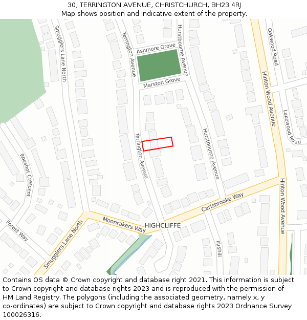 30, TERRINGTON AVENUE, CHRISTCHURCH, BH23 4RJ: Location map and indicative extent of plot