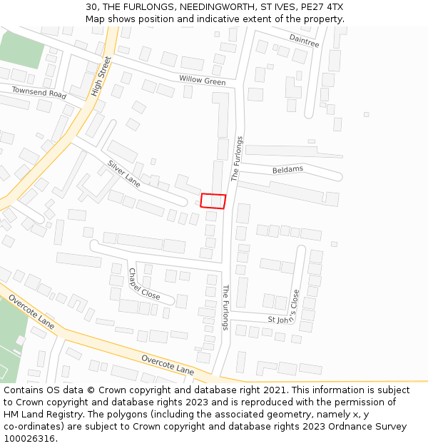 30, THE FURLONGS, NEEDINGWORTH, ST IVES, PE27 4TX: Location map and indicative extent of plot