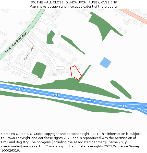 30, THE HALL CLOSE, DUNCHURCH, RUGBY, CV22 6NP: Location map and indicative extent of plot