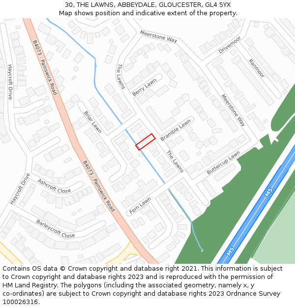 30, THE LAWNS, ABBEYDALE, GLOUCESTER, GL4 5YX: Location map and indicative extent of plot