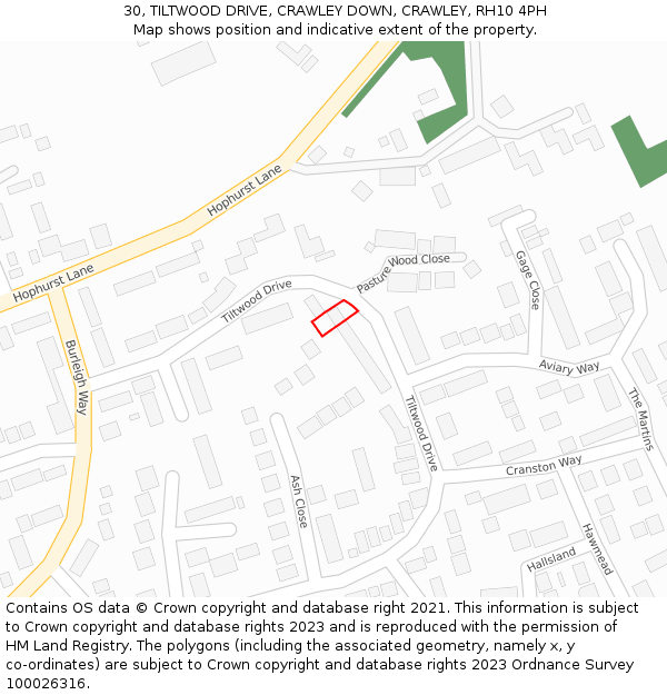 30, TILTWOOD DRIVE, CRAWLEY DOWN, CRAWLEY, RH10 4PH: Location map and indicative extent of plot