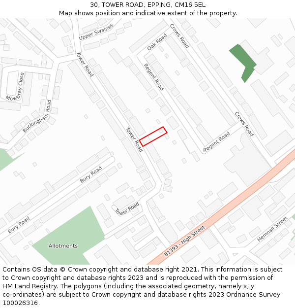 30, TOWER ROAD, EPPING, CM16 5EL: Location map and indicative extent of plot