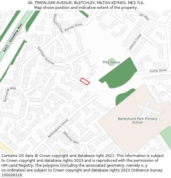 30, TRAFALGAR AVENUE, BLETCHLEY, MILTON KEYNES, MK3 7UL: Location map and indicative extent of plot