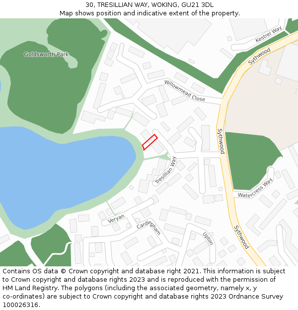 30, TRESILLIAN WAY, WOKING, GU21 3DL: Location map and indicative extent of plot