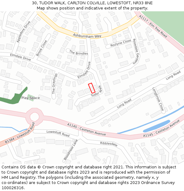30, TUDOR WALK, CARLTON COLVILLE, LOWESTOFT, NR33 8NE: Location map and indicative extent of plot