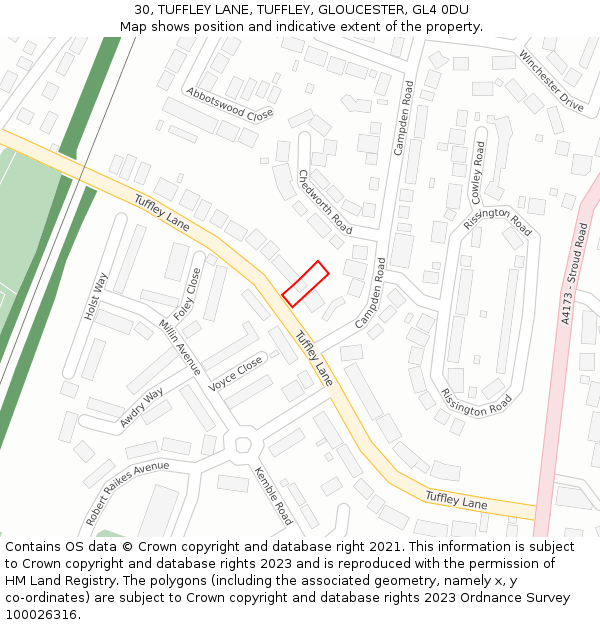 30, TUFFLEY LANE, TUFFLEY, GLOUCESTER, GL4 0DU: Location map and indicative extent of plot