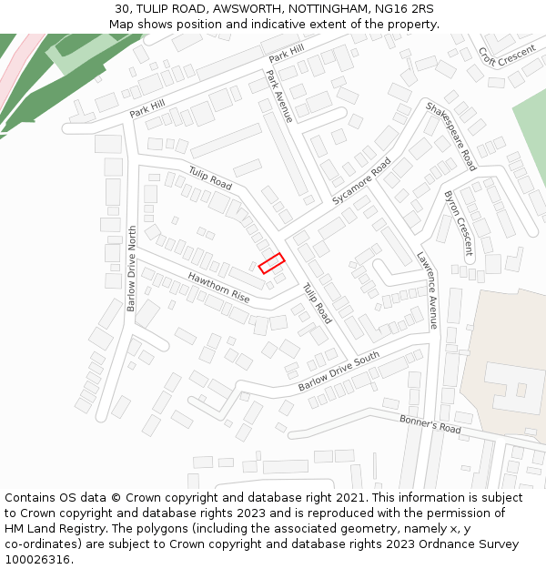 30, TULIP ROAD, AWSWORTH, NOTTINGHAM, NG16 2RS: Location map and indicative extent of plot