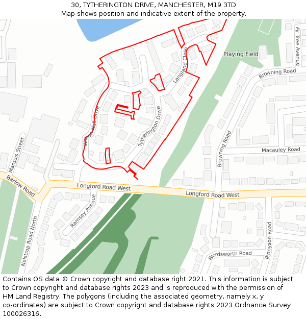 30, TYTHERINGTON DRIVE, MANCHESTER, M19 3TD: Location map and indicative extent of plot
