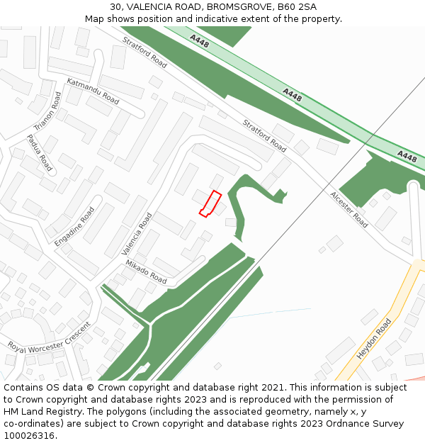 30, VALENCIA ROAD, BROMSGROVE, B60 2SA: Location map and indicative extent of plot