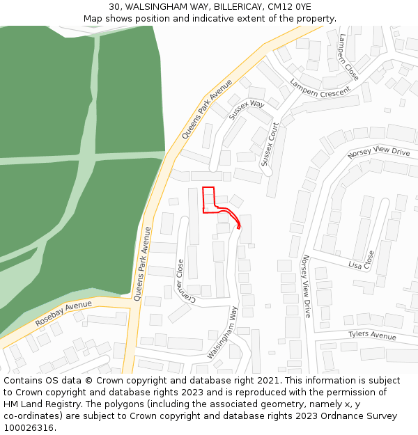 30, WALSINGHAM WAY, BILLERICAY, CM12 0YE: Location map and indicative extent of plot