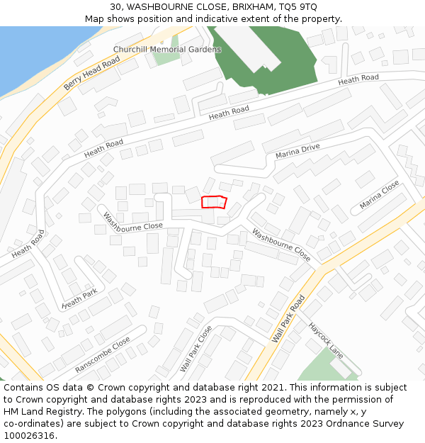 30, WASHBOURNE CLOSE, BRIXHAM, TQ5 9TQ: Location map and indicative extent of plot
