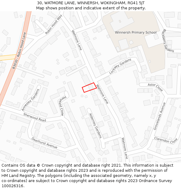 30, WATMORE LANE, WINNERSH, WOKINGHAM, RG41 5JT: Location map and indicative extent of plot