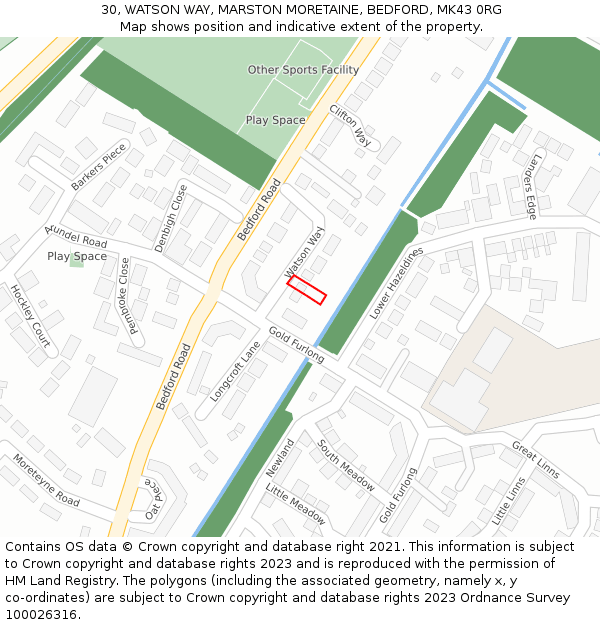 30, WATSON WAY, MARSTON MORETAINE, BEDFORD, MK43 0RG: Location map and indicative extent of plot