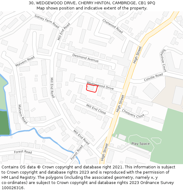 30, WEDGEWOOD DRIVE, CHERRY HINTON, CAMBRIDGE, CB1 9PQ: Location map and indicative extent of plot
